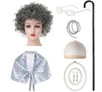 Conjunto de disfraz de anciana para niños, accesorios con chal, gafas, collar, aretes, caminar enfermo, 9 piezas