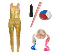 Conjunto de disfraz de asistente de payaso para mujer, mediano, parte superior rosa, peto amarillo, peluca rubia, pintura facial roja, blanca y azul, lápiz labial rojo y bate de béisbol inflable