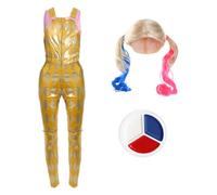 Conjunto de disfraz de asistente de payaso para mujer, talla XXL, ombliguera rosa, peto dorado, peluca rubia y pintura facial, disfraz de Halloween inspirado en Harley Quinn