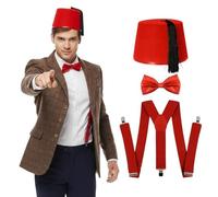 Conjunto de disfraz de aventurero de viajero del tiempo y el espacio para hombre, chaqueta clásica de tweed, pajarita roja, tirantes y fieltro Fez, disfraz de ciencia ficción para televisión y cine