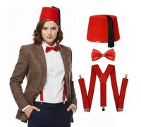 Conjunto de disfraz de aventurero de viajero del tiempo y el espacio para mujer, chaqueta clásica de tweed, pajarita roja, tirantes y fieltro Fez, disfraz de ciencia ficción para televisión y cine