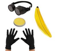 Conjunto de disfraz de ayudante amarillo para adultos, incluye gafas negras, guantes negros, plátano inflable (28 pulgadas) y pintura facial amarilla, disfraz divertido para Halloween y fiestas