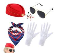 Conjunto de disfraz de azafata: gorra azul marino, corbata ajustable, broche dorado, de juego de rol de tripulación de cabina, estilo vintage de azafata, apariencia elegante del personal de via