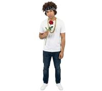 Conjunto de disfraz de cantante Pop Star, camiseta blanca, bandana negra, peluca afro negra, cadena dorada y flor de rosa roja, disfraz romántico para conciertos, giras y Halloween