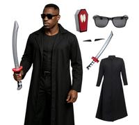 Conjunto de disfraz de cazador de vampiros para adultos, chaqueta negra estándar, espada samurái inflable, colmillos, bigote y lentes de sol, disfraz gótico de cazador nocturno