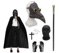 Conjunto de disfraz de cosplay de Halloween, máscara steampunk de pico de pájaro de nariz larga con capa negra con capucha, collar de cruz, guantes de cuero, bastón, máscara de cara completa para