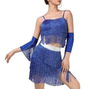 Conjunto de disfraz de danza, diseño de flecos fluidos, transpirable, elástico, falda latina, festival, actuaciones, flecos, danza, azul real, M