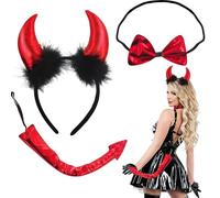 Conjunto de Disfraz de Diablo de Carnaval - Conjunto Completo de Diablo Rojo - Conjunto de 4 Piezas - Diadema, Cola, Corbata y Guantes - Talla Única, Rojo
