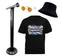 Conjunto de disfraz de estrella de los años 90, camiseta de estilo supersónico, soporte de micrófono inflable, gafas hippy y sombrero de pescador negro, talla M