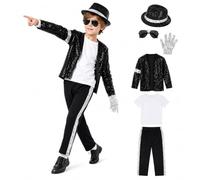 Conjunto de disfraz de estrella del pop de los años 80 y 90, chaqueta de lentejuelas negras, pantalones, sombrero, guantes, gafas de sol, disfraz de cosplay de baile(8-10Years)