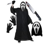 Conjunto de disfraz de Halloween con máscara de grito para adultos, disfraz de película de miedo, bata negra + cuchillo falso + máscara + guantes (talla M)