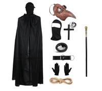 Conjunto de disfraz de Halloween, máscara de pájaro de cuero retro, máscara gótica de médicos de la peste con bastón de cara completa, guantes con capucha, guantes de cruz, collar de anillo, cinturón