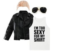 Conjunto de disfraz de I'm Too Sexy for My Shirt - Pequeño - Chaleco divertido, gorra calva, gafas de sol y chaqueta de aspecto de cuero - Disfraz de los años 90 y traje de despedida de soltero para