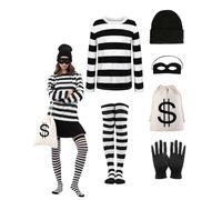 Conjunto de disfraz de ladrón para mujer, camiseta a rayas blancas y negras, calcetines hasta la rodilla, máscara de ojos antirrobo, sombrero, disfraz de adulto para el Día Mundial del Libro de la