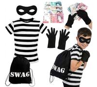 Conjunto de disfraz de ladrón para niños, camiseta de manga corta a rayas, sombrero plano, máscara de ojos, guantes, accesorios de dinero y bolsa de botín, traje clásico de ladrón para niños y niñas