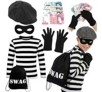 Conjunto de disfraz de ladrón para niños, camiseta de manga larga a rayas, sombrero plano, máscara de ojos, guantes, accesorios de dinero y bolsa de botín, traje clásico de ladrón para niños y niñas