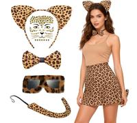 Conjunto De Disfraz De Leopardo,Leopardo Disfraz Set,Diadema con Orejas de Leopardos Conjunto Orejas Cola Pajarita,Diadema de Leopardos,Flash Pegatinas Temporales ,Carnaval Cosplay Accesorio