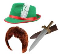 Conjunto de disfraz de niño perdido para niños, sombrero verde con pluma, espada de juguete y vaina, peluca de jengibre, accesorios de disfraz para niños para el Día Mundial del Libro, eventos