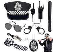 Conjunto de disfraz de policía para adultos, 8 piezas, accesorios de disfraz de policía con sombrero, corbata, insignias, esposas, lentes de sol, walkie talkies, bastón y silbato para niñas y niños