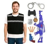 Conjunto de disfraz de policía para hombre, chaleco con insignia, armas de juguete, esposas, prismáticos, brújula y dardos, kit de disfraz para fiestas, eventos y juegos de rol
