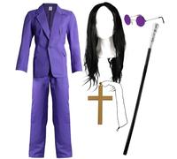 Conjunto de disfraz de príncipe de las tinieblas con traje morado, incluye peluca negra, gafas moradas redondas, collar de cruz dorada y bastón plateado, disfraz de estrella de rock, talla S