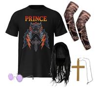 Conjunto de disfraz de príncipe de las tinieblas para adultos, talla M, camiseta gráfica negra, peluca larga negra, gafas redondas, collar de cruz y mangas de tatuaje, disfraz retro de metal pesado