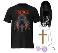 Conjunto de disfraz de príncipe de las tinieblas para adultos, talla XL, camiseta gráfica negra, peluca larga negra, gafas redondas y collar de cruz, disfraz retro de metal pesado para fiestas y