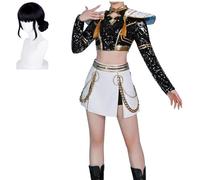 Conjunto de disfraz de Rumi Zoey Mira con pelucas doradas para mujer, conjunto de disfraz blanco, accesorios de cosplay de Halloween (negro dorado zoey + peluca, S)