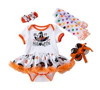 Conjunto de disfraz Halloween para niña, sombrero bruja, vestido, mono manga corta con bordado dibujos animados, calcetines, 4 piezas, bebés 0 a 2 Trajes El Agua Hombre