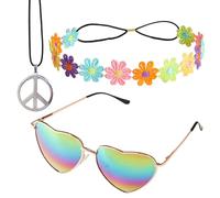 Conjunto de disfraz hippie, corona de flores, diadema de corazón, lentes de sol ajustables, collar con colgante de signo de la paz, accesorios de traje de los años 60 (estilo-C)