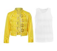 Conjunto de disfraz icónico de estrella de rock amarilla de los años 80, chaqueta clásica con hebilla amarilla y camiseta de chaleco blanco, música de icono de leyenda de los años 80, disfraz unisex