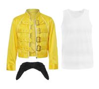 Conjunto de disfraz icónico de estrella de rock amarilla de los años 80, chaqueta clásica con hebilla amarilla, chaleco blanco y bigote, música de icono de leyenda de los años 80, disfraz unisex para