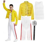 Conjunto de disfraz icónico de estrella de rock de los años 80, chaqueta con hebilla amarilla, chaleco blanco, pantalones con rayas rojas y micrófono con purpurina, icono completo de la leyenda de los