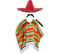 Conjunto de disfraz mexicano - Poncho multicolor, sombrero negro con pompones, bigote y cigarro - Disfraz para hombre y mujer