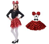 Conjunto de Disfraz para Carnaval Halloween y Fiesta Cosplay de Animales Minnie, Diadema de Lazo Grande con Puntos Nariz Pajarita y Falda para Mujeres, 4pcs (30CM, ROJO NEGRO)