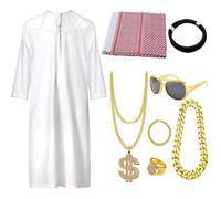 Conjunto de disfraz para hombre árabe con estilo - Disfraz de fantasía para hombre con estilo tradicional y blanco y role play incluye anillos de cuello