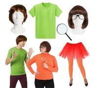 Conjunto de disfraz para parejas de misterioso y detective para niña, accesorios icónicos de dúo de dibujos animados con pelucas, medias, tutú y lupa, perfecto para Halloween, fiestas temáticas