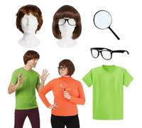 Conjunto de disfraz para parejas de Mystery Solvers - Kit dúo de detective de dibujos animados de 5 piezas con camiseta verde, 2 pelucas, gafas y lupa - Ideal para Halloween y fiestas retro para