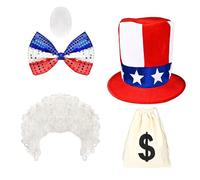 Conjunto de disfraz patriótico de tío para hombre, sombrero, pajarita, barba y bolsa de dinero, disfraz patriótico de tío para cosplay del Día de los Caídos
