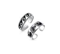 Conjunto de Dos Anillos de Dedo del Pie Midi Banda Náutica Aloha Vacaciones Tropicales Olas del Océano Hawaiano y Huellas en la Arena de la Playa para Mujeres Adolescentes Oxidado .925 Plata de Ley