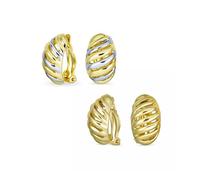 Conjunto De Dos Aros Clásicos De Media Aro De Camarón Con Ranuras Geométricas Y Rayas Diagonales Retorcidas De Dos Tonos Clip En Oro Y Plata Para Mujeres Con Orejas No Perforadas