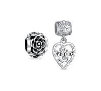Conjunto de Dos Colgantes de Corazón de Estilo Vintage Antiguo BFF con la Palabra Abuela y Jardín de Flores de Primavera con Encanto de Rosa Negra para Abuela. Plata de Ley .925 Compatible con Pulsera
