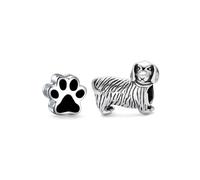 Conjunto de dos cuentas de encanto de perro cachorro de raza pequeña caliente Dachshund amante de animales de compañía y forma de huella de pata negra para mujeres adolescentes oxidado .925 plata