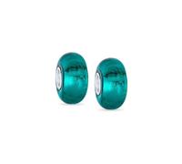 Conjunto de dos cuentas de encanto de vidrio Murano iridiscente sólido translúcido azul verdoso para mujeres y adolescentes con núcleo de plata esterlina .925 que se adapta a pulseras europeas.