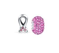 Conjunto de dos cuentas espaciadoras de cristal rosa oscuro sólido con cinta rosa empoderadora para sobrevivientes de cáncer de mama 3 CZ auténticas de plata esterlina .925 que se ajustan a pulseras