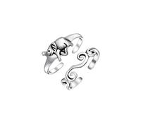 Conjunto de Dos Elefantes de la Suerte con Trompa Arriba y Anillo de Dedo del Pie en Espiral Abierta Filigrana Midi Celta para Mujer Adolescente Oxidado .925 Plata de Ley Ajustable