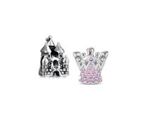 Conjunto de Dos Encantos de Cuento de Hadas Castillo y Corona de Princesa Reina Realeza Rosa Fucsia Cristal para Mujer Hija Adolescente Plata de Ley .925 Oxidada Compatible con Pulsera de Encanto