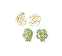 Conjunto De Dos Modernos Pendientes De Clip De Esmalte Azul 3D Y Pendientes De Botón Blancos Chapados En Oro De 14K