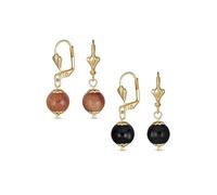 Conjunto de dos pendientes colgantes de bola redonda simple clásica elegante de piedra dorada marrón y ónix negro con cierre de palanca para mujer, pulidos en latón chapado en oro amarillo de 18K de
