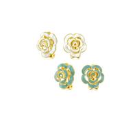 Conjunto De Dos Pendientes De Clip De Flor De Rosa Blanca Azul De Esmalte De Moda 3D Estilo Botón Para Orejas No Perforadas Chapados En Oro